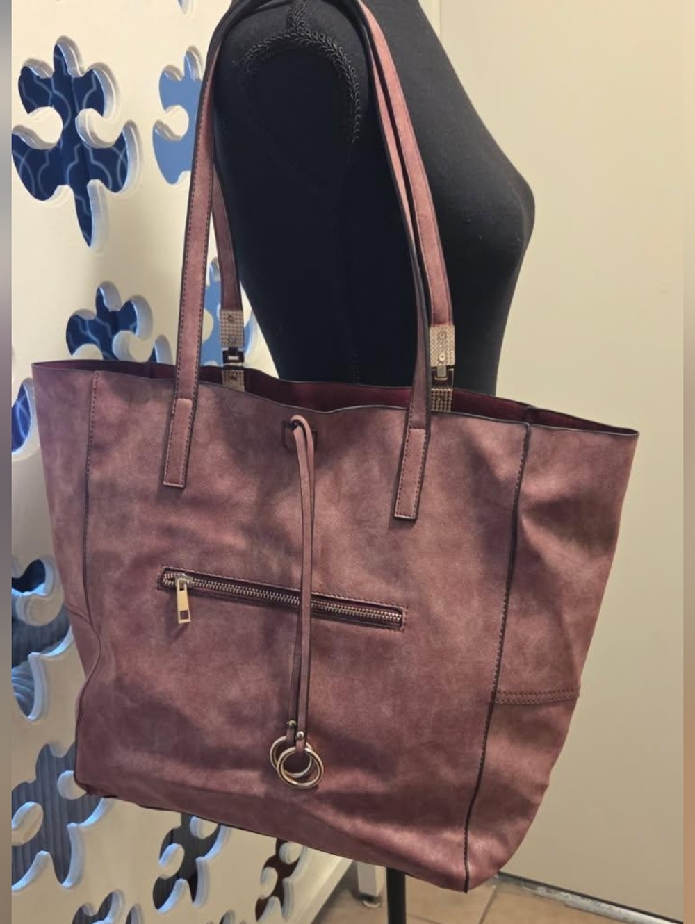 Two for One Rose Mauve Tote Bag with A Bag Inside - Faux Leather
